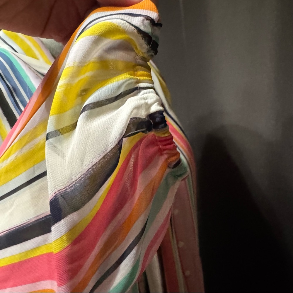 New York & Company Rainbow Sheer Vertical Stripes Tie-Neck Blouse | Size XL - Picture 13 of 16